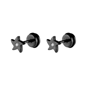 Boucles d'oreilles étoiles en acier noir mat avec une pierre centrale en zircone ronde