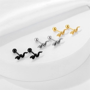 Snake-shaped stainless steel stud earrings set in black, silver, and gold finishes