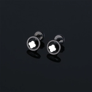 Minimalist stainless steel clover stud earrings with black frame and silver contrast
