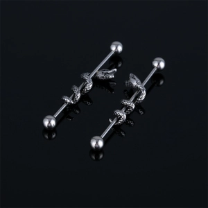 Boucle d'Oreille Barre Industrielle Serpent en Acier Inoxydable Punk Gothique Double Tête Piercing pour Homme Femme