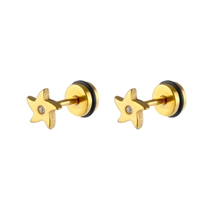 Détail de boucles d'oreilles étoile dorée avec cristal central et fermoir à vis plat