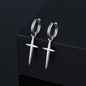 Boucles d'Oreilles Créoles Pendantes en Acier Inoxydable Croix Style Hip Hop Punk Couleur Argent pour Hommes Femmes Bijoux