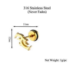 Boucles d'oreilles poisson volant en acier inoxydable 316 doré taille 12mm