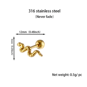 Macro view of 316 stainless steel gold snake stud earring showing 12mm size dimensions