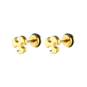 Golden punk geometric stainless steel stud earrings with black rubber rings on white background