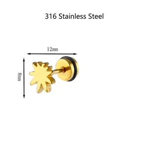Gold stainless steel sun stud earring with dimensions 8mm diameter and 12mm length