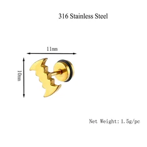 Gold 316 stainless steel bat stud earring for men featuring durable screw back design