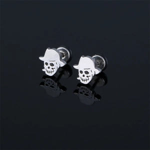 Gothic stainless steel skull stud earrings with cowboy hat design and mirror reflection