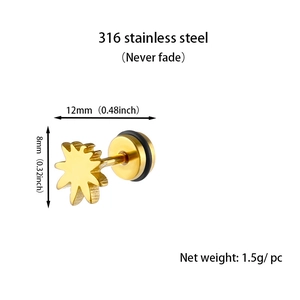 Detailed view of golden 316 stainless steel sunburst stud earring with 12mm dimensions