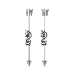 Industrial barbell earring featuring silver stainless steel dragon and arrow design