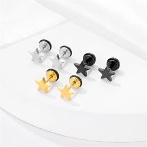 Three pairs of minimalist star stud earrings in silver, black, and gold stainless steel