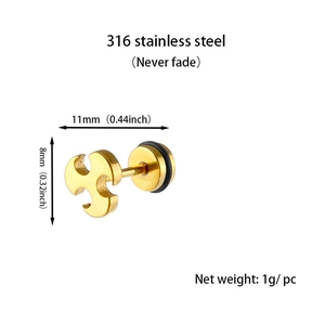 Detailed view of 316 stainless steel trident stud earring with size and weight annotations