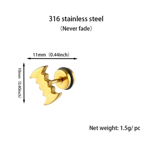 Detailed view of gold bat stud earring with 316 stainless steel dimensions and specs