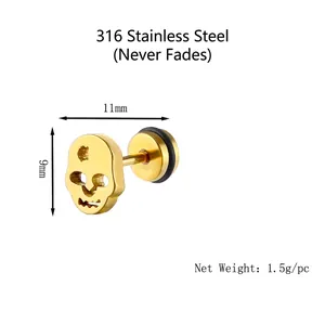 Polished golden 316 stainless steel skull stud earring for men featuring punk style