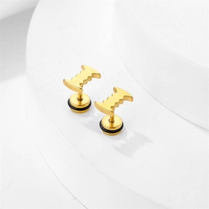 Pair of gold stainless steel sawtooth stud earrings with screw backs on white stone