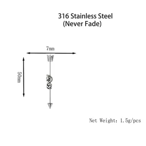 Dragon 316 stainless steel industrial barbell earring with arrow ends, 50mm length