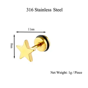 Gold 316 stainless steel star stud earring with barbell screw back and rubber ring