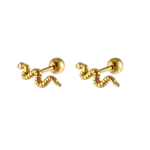 Detailed close-up of golden snake-shaped stud earrings with secure ball screw-back design