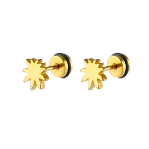 Detailed macro view of golden stainless steel sawtooth star stud earrings for men