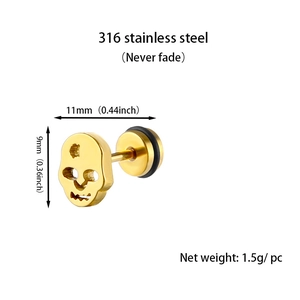 Detailed view of 316 stainless steel gold skull stud earring with size and weight specs