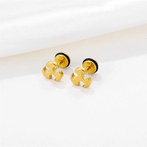 Polished gold stainless steel cross stud earrings for men and women on white silk background