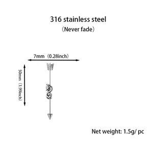 Detailed specs of the 316 stainless steel dragon industrial piercing barbell, 50mm length