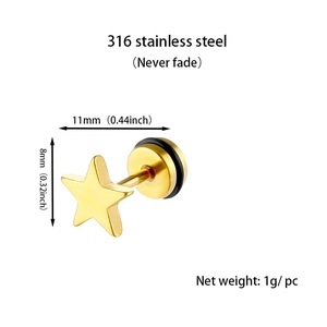 Detailed size chart for golden star stud earrings made of 316L stainless steel