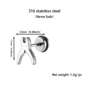 Détail macro d'une boucle d'oreille clé en acier inoxydable 316 avec dimensions