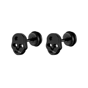Pair of gothic black skull stud earrings in stainless steel on a white background