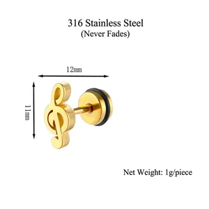 Boucles d'oreilles note de musique dorées en acier inoxydable 316 anti-ternissement
