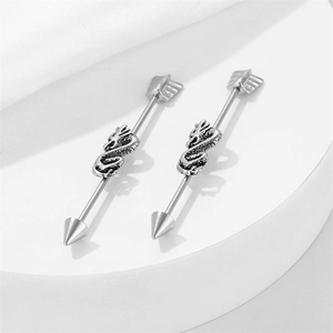 Industrial barbell earring set with arrow design and 3D dragon center in stainless steel