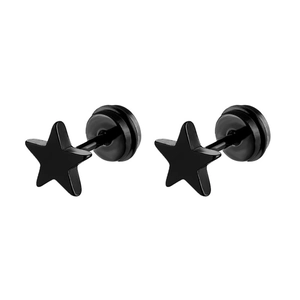 Pair of minimalist matte black star stud earrings with screw-back barbell design