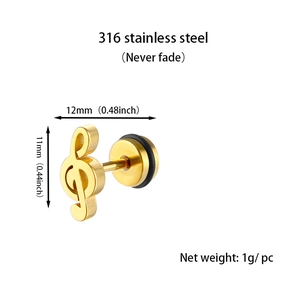 Détail macro de boucles d'oreilles note de musique en acier 316, taille 11mm par 12mm