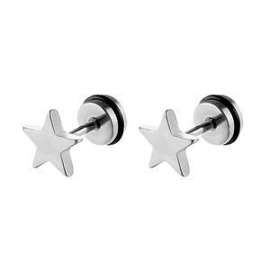 Macro detail of polished silver star earrings with secure black rubber backings