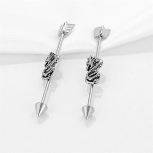 Industrial barbell earring set with arrow design and vintage silver dragon centerpiece