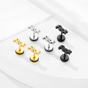 Three pairs of punk titanium steel Fuck letter stud earrings in gold, silver, and black