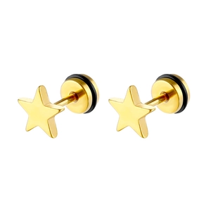 Detailed close-up of golden star stud earrings with secure screw back and rubber ring