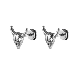 Punk style bull skull stud earrings in vintage silver titanium steel for men