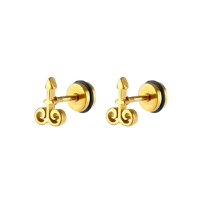 Unique golden stainless steel geometric ear studs with symmetrical arrow and scroll design