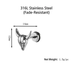 Gothic bull skull stud earrings in 316L stainless steel with vintage silver finish
