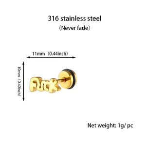 Macro shot of 316 stainless steel gold letter earring with size and material labels