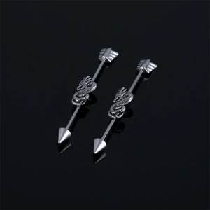 Vintage Stainless Steel Dragon Arrow Industrial Barbell Piercing Earring Chinese Style Silver Steel Color Ear Bone Nail Jewelry For Unisex