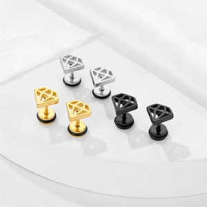 Minimalist hollow geometric diamond-shaped stud earrings in gold, silver, and black finish