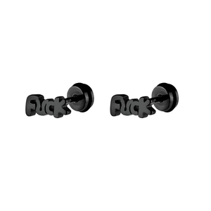 Matte black titanium steel stud earrings with bubble-style Fuck letter design for men