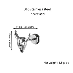 Detailed size specifications of silver bull skull punk earring in 316L stainless steel