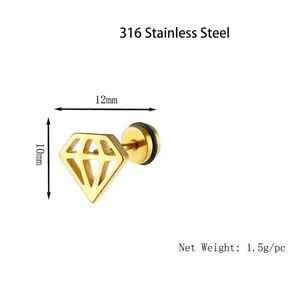 Geometric diamond shape stud earrings in gold-tone stainless steel with brushed texture
