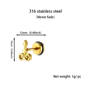 Macro view of gold stainless steel stud earring with size and weight dimensions
