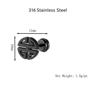 316 stainless steel round earring stud with hollow longevity symbol pattern in black