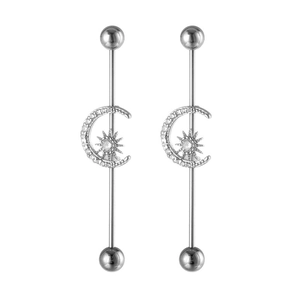 Piercing industriel en acier argenté avec motif de lune en cristal et soleil brillant