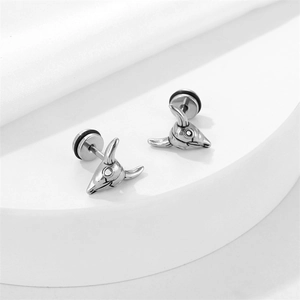 Silver titanium bull skull stud earrings for men with gothic punk industrial design
